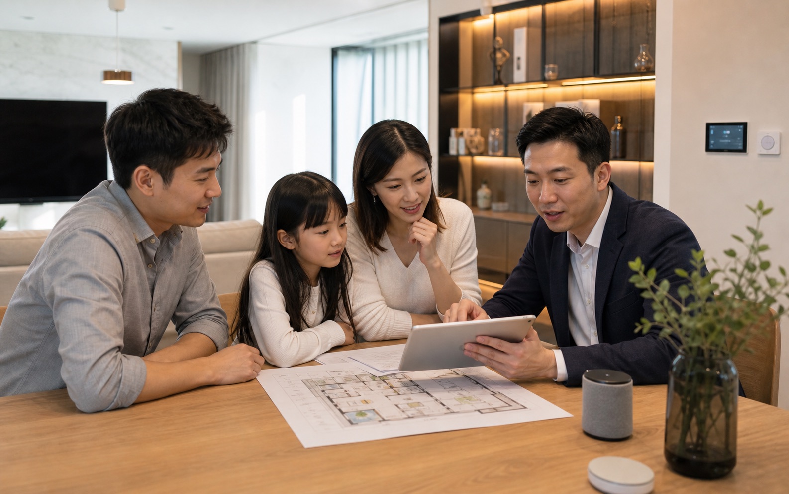 設計師與 WOWCasa 協助家庭在平面圖與平板上釐清智慧居家生活需求的情境